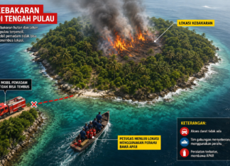 Kebakaran di Pulau Terpencil, Seberangi Perahu dengan Alat Seadanya